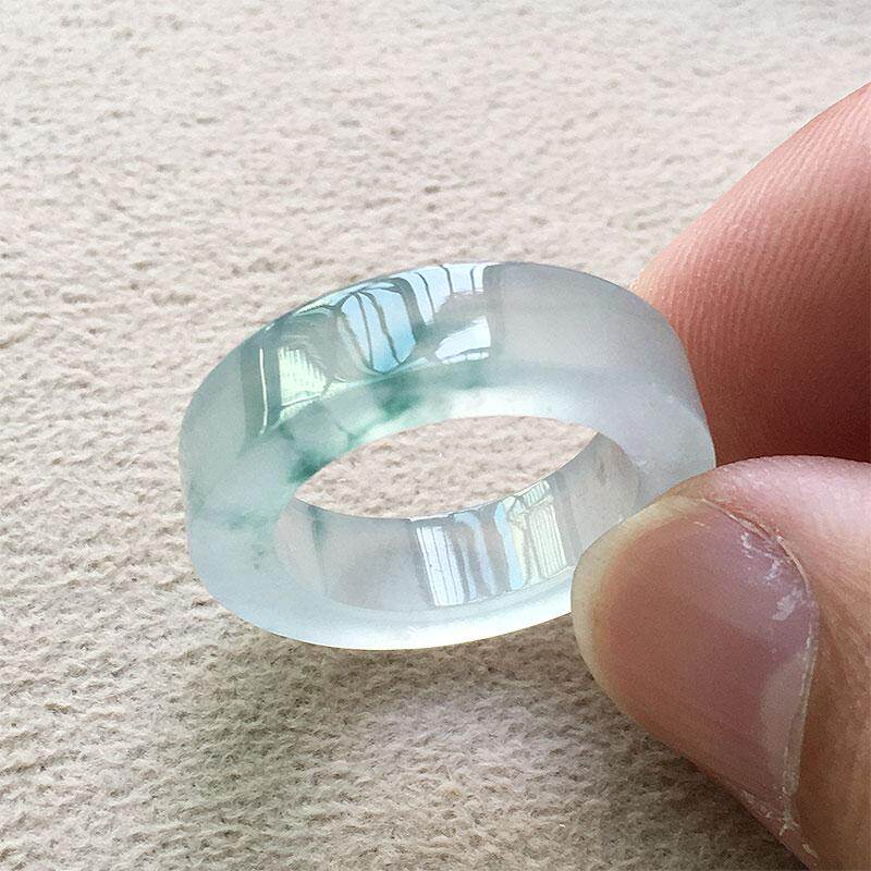 缅甸翡翠高冰种飘蓝花时尚方款戒指17号圈老种a货冰透兰花戒18mm