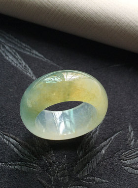 缅甸翡翠高冰种黄翡飘花指环28号圈老种a货冰透明黄色戒指22mm戒