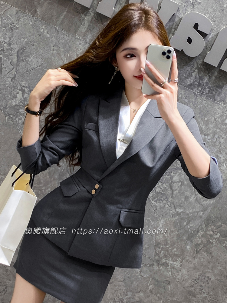 灰色西装外套女高级感春秋2024新款职业装西装套装酒店经理工作服
