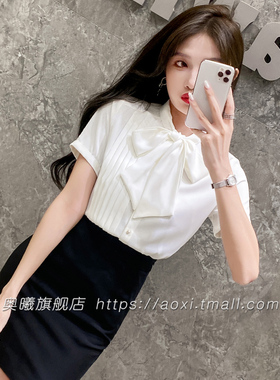 女士衬衫系带蝴蝶结衬衣夏季新款设计感压褶职业装白色衬衣女套装