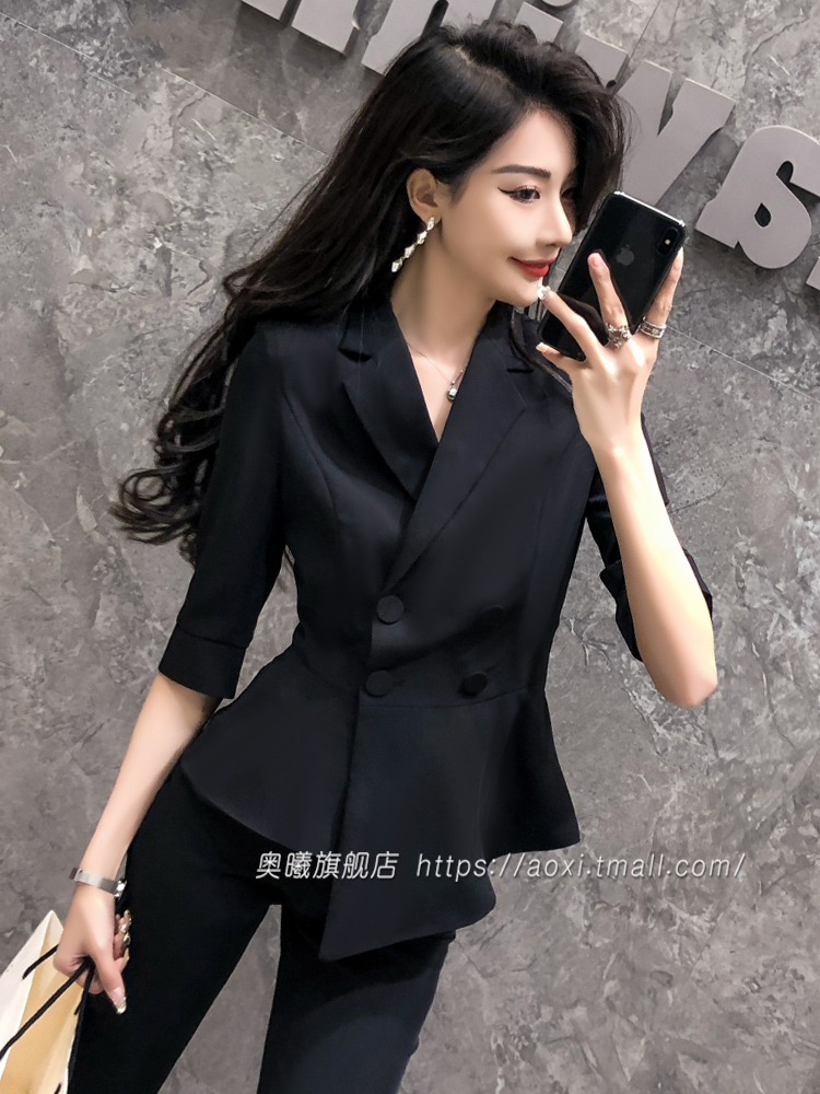 黑色中袖西装套装女2024年新款夏修身高级感气质小个子职业装套装