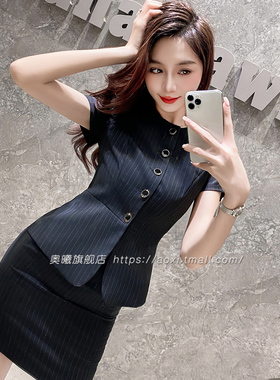 黑色短袖西装套装女夏季2024新款前台接待职业装西服美容院工作服