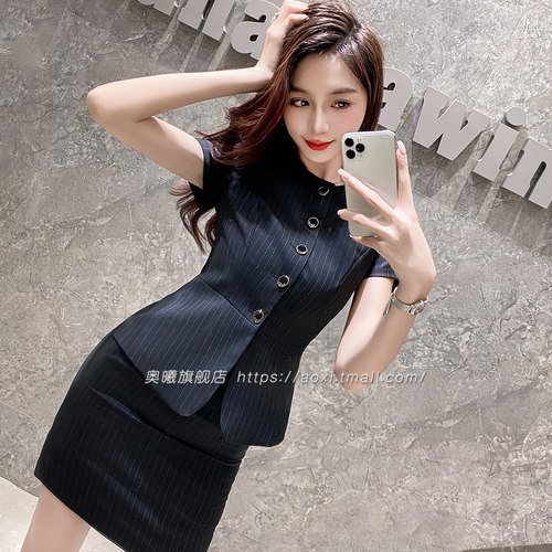 黑色短袖西装套装女夏季2024新款前台接待职业装西服美容院工作服