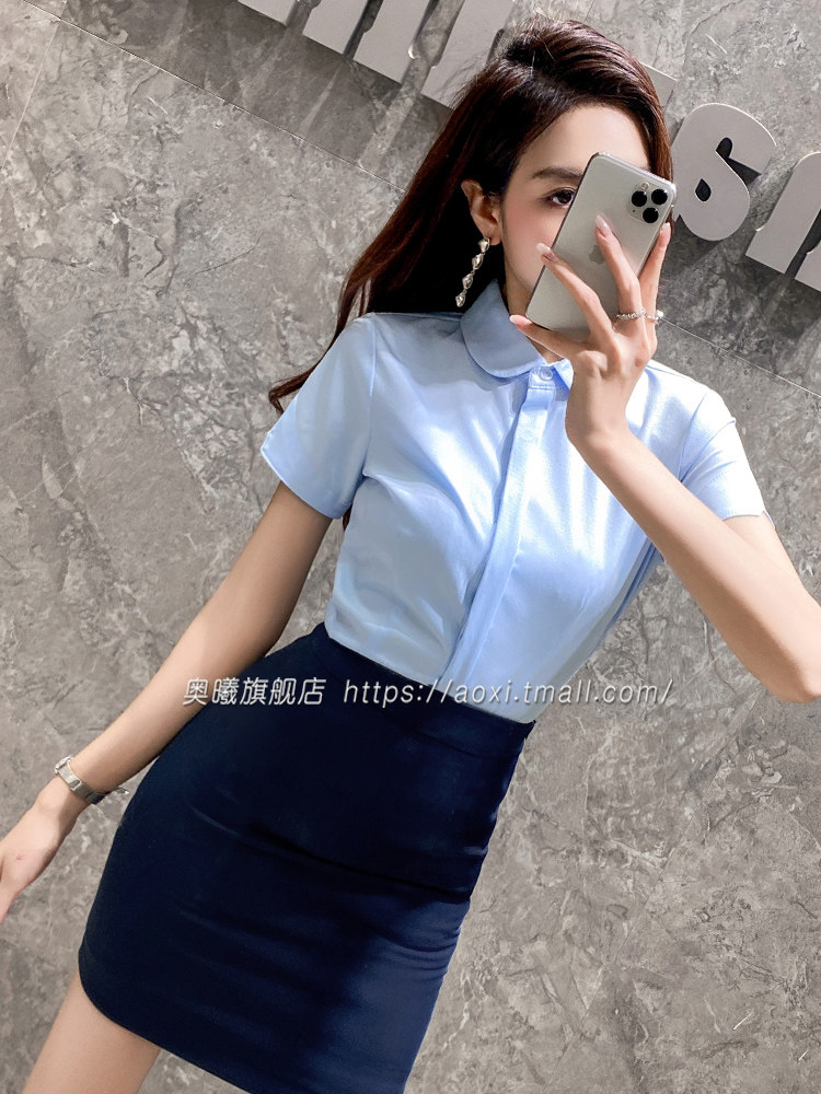 蓝色娃娃领衬衫女2024新款夏气质职业装前台售楼部工作服衬衣工装