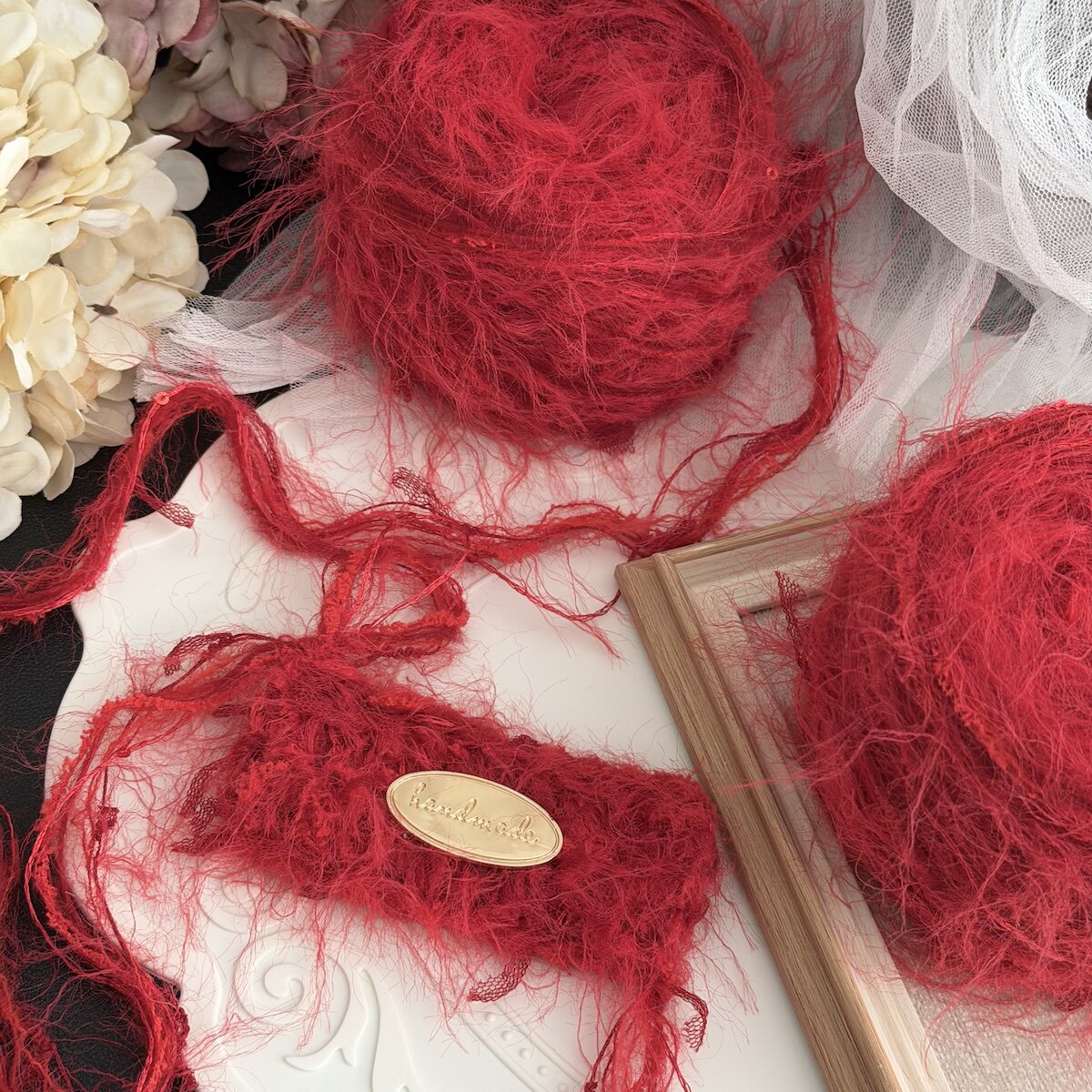 红玫瑰红色手混线长毛柔软蕾丝欧根纱线手工编织钩婚包diy发饰线