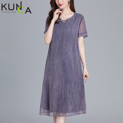 四五十中年风妈妈过膝雪纺连衣裙