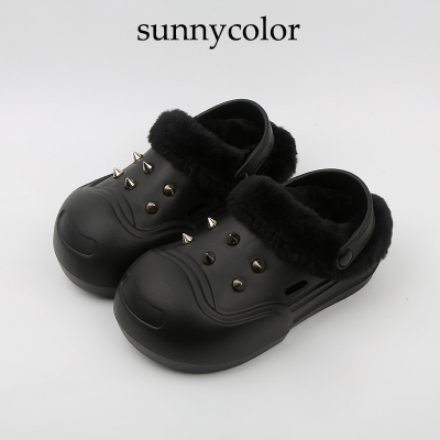 SUNNYCOLOR铆钉厚底加绒洞洞鞋