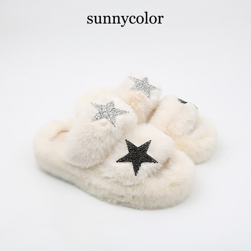 SUNNYCOLOR厚底时尚星星毛毛拖鞋