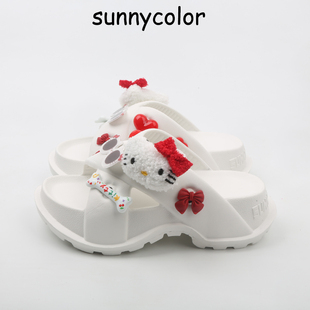 SUNNYCOLOR卡通KT猫拖鞋女夏外穿厚底防滑可爱少女心踩屎感一字拖