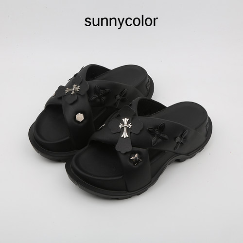 SUNNYCOLOR厚底十字架交叉带拖鞋