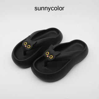 SUNNY COLOR黑白猫人字拖女夏外穿踩屎感厚底防滑夹脚凉拖鞋ins潮