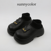 SUNNY COLOR大头厚底黑色猫棉拖鞋女冬季加绒防水ins潮高包跟棉鞋