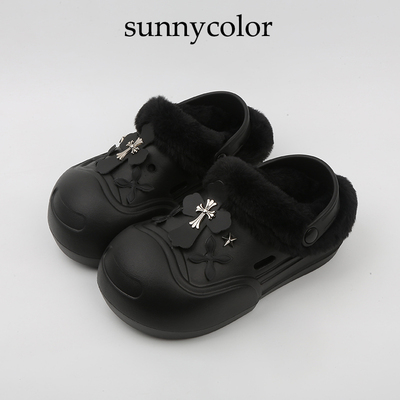 SUNNYCOLOR十字架厚底加绒洞洞鞋