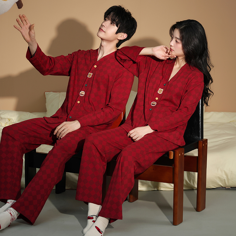 可人儿新款本命年红色睡衣情侣春秋季喜庆纯棉男女结婚家居服套装