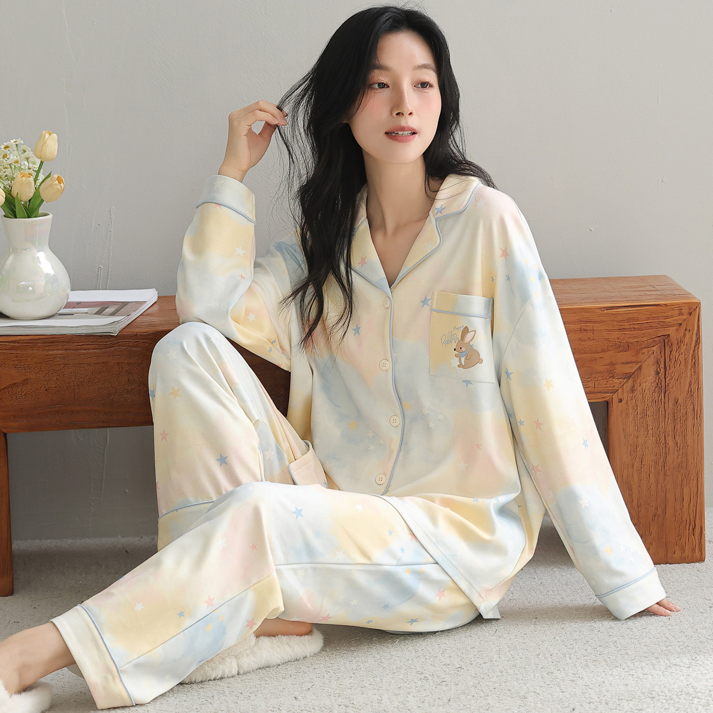 可人儿春秋季纯棉睡衣女士秋天长袖长裤可爱风开衫翻领家居服套装