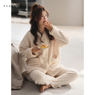 可人儿冬季 女长毛绒睡衣保暖加厚加绒开衫 珊瑚绒少女家居服套装
