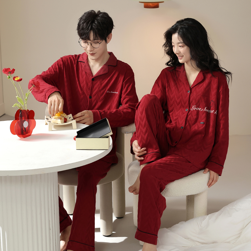 可人儿春秋季纯棉提花情侣睡衣红色结婚新婚本命年男女家居服套装