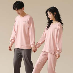 可人儿春秋季 情侣柔软棉睡衣女休闲圆领长袖 男女士纯棉家居服套装