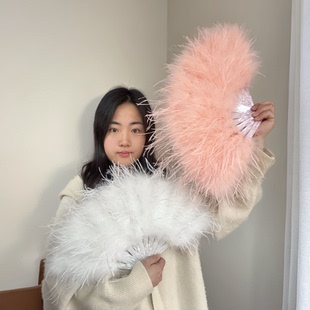 鸵鸟毛扇子古风折扇旗袍走秀舞蹈演出道具扇羽毛扇子加厚粉色白色