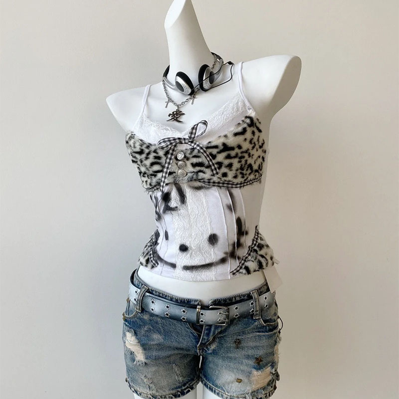 thumbnail for Vintage Y2K Spicy Girl Shibuya Camisole American-Style Kitten Print Patchwork Leopard Lace Slim-Fit Top Trendy