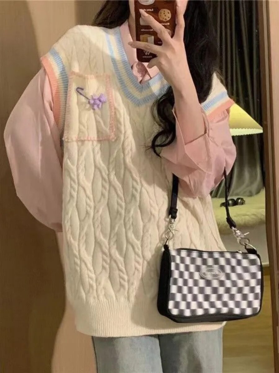 여학생을 위한 컬리지 스타일의 스위트 핑크 셔츠 + 브이넥 스택 컬러 블록 니트 스웨터 조끼 투피스 세트