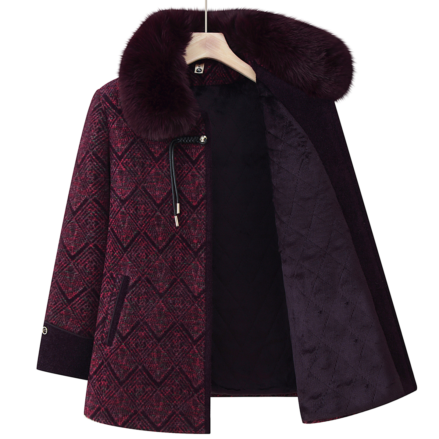 中老年人奶奶装加绒加厚毛呢外套老太太衣服带毛领妈妈装呢子外衣