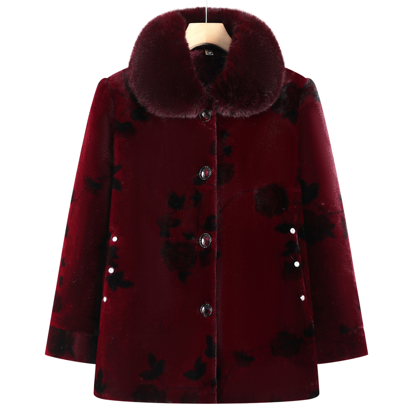 中老年人女装加绒加厚仿貂绒大衣老太太衣服带毛领呢子加绒外套