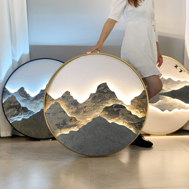 新中式玄关装饰画客厅岩板壁画灯