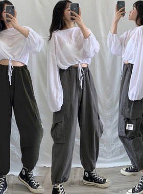 春秋季工装裤子女学生韩版宽松大码胖mm百搭显瘦新款九分阔腿裤女