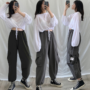 春秋季工装裤子女学生韩版宽松大码胖mm百搭显瘦新款九分阔腿裤女