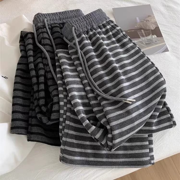 气质慵懒黑灰条纹阔腿裤女垂感