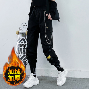 加绒束脚工装裤女嘻哈高街跳舞新款潮高腰显瘦黑色加厚裤子裤秋冬