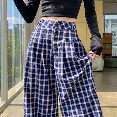 格子阔腿裤女2025新款春秋款高腰休闲直筒垂感宽松慵懒风格纹裤子