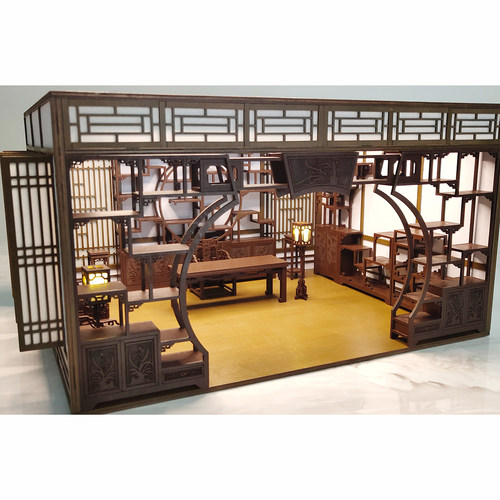 ob11/12分古风书房娃屋场景 微缩家具 博古架 书桌 扶手椅 灯笼