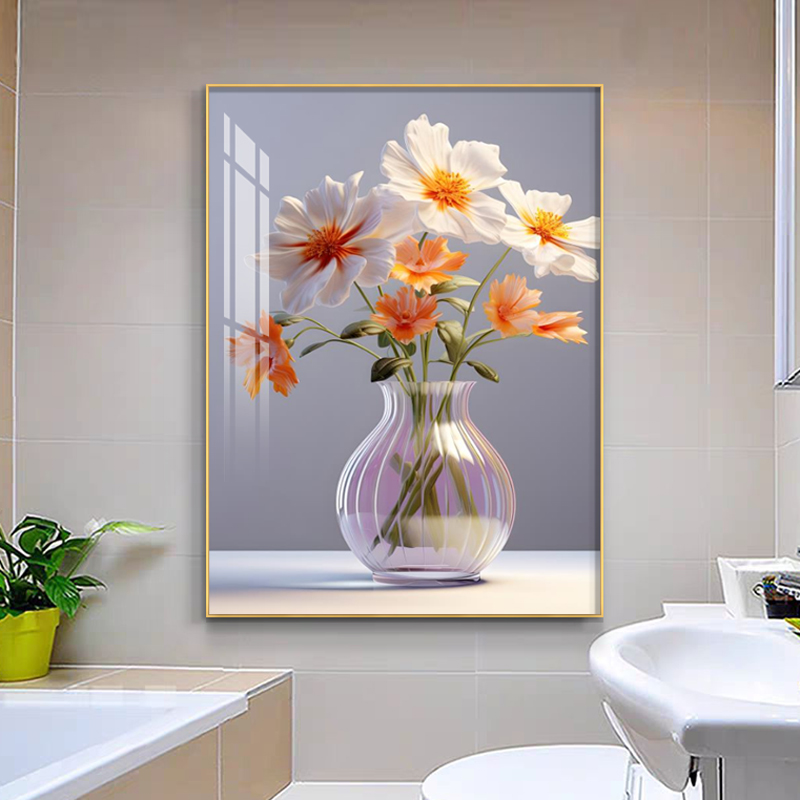 星级酒店宾馆装饰画免打孔防水卫生间挂画花卉花瓶卧室浴室壁画图片