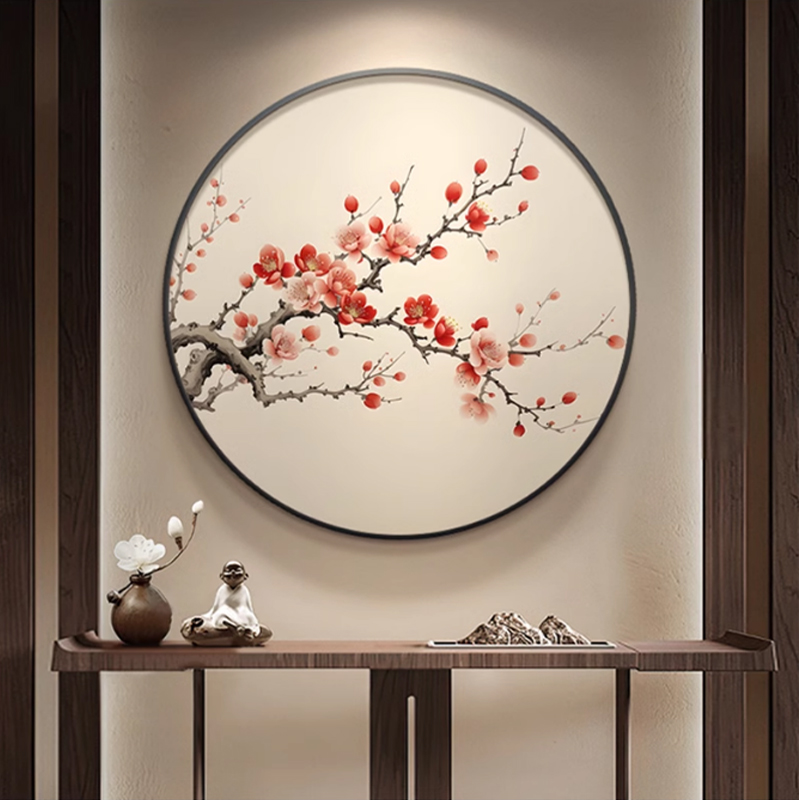 梅花入户玄关装饰画新中式圆形餐厅挂画古风茶楼包厢墙面艺术壁画图片