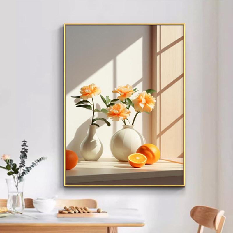 轻奢花卉餐厅客厅装饰走廊过道简入门玄关沙发背景墙花瓶水果挂画图片