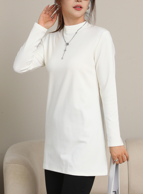 半高领长袖t恤女纯棉春小立领中长款磨毛显瘦白色打底衫女士上衣