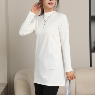 半高领长袖t恤女纯棉春小立领中长款磨毛显瘦白色打底衫女士上衣