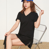 短袖 夏季 宽松纯棉上衣侧开叉 遮屁2026年新款 v领白色t恤女中长款