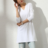 开叉上衣外穿春秋打底衫 纯棉宽松大码 体恤 t恤女长袖 白色V领中长款