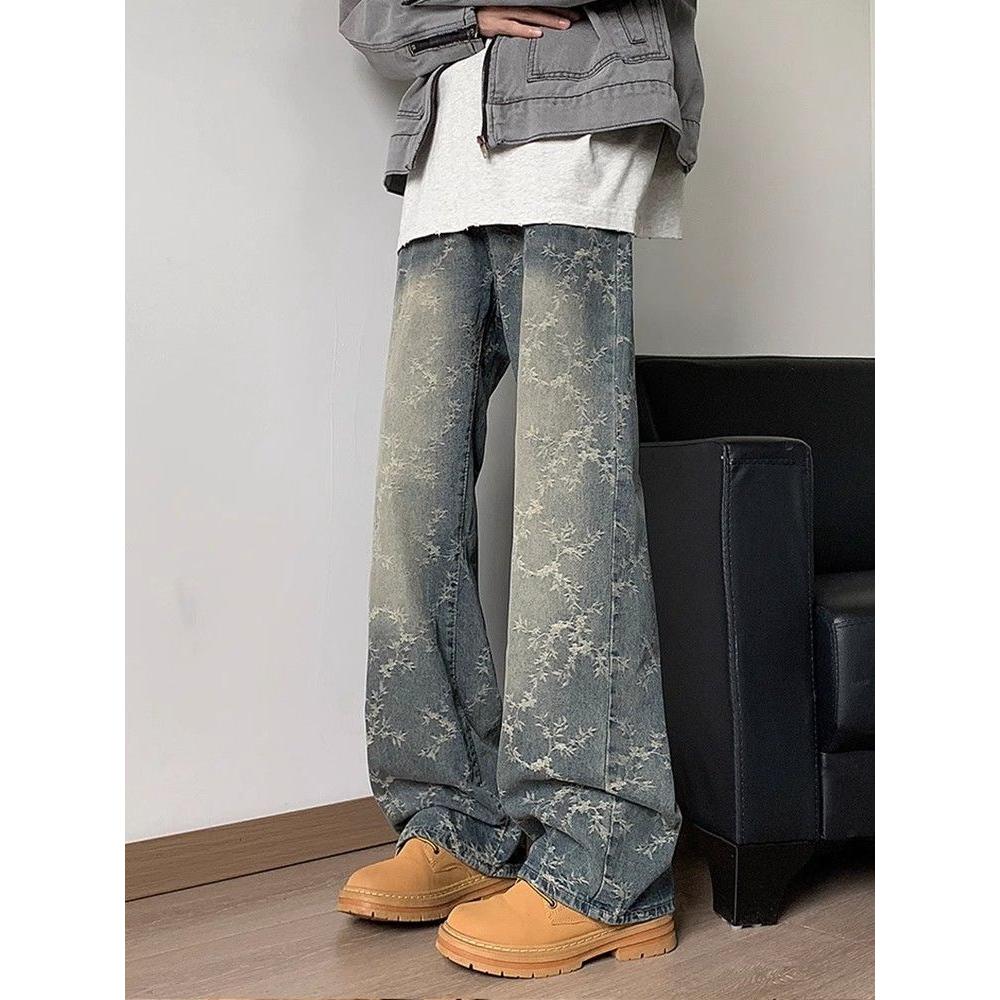 雪花纹牛仔裤男春夏季设计感裤子美式高街显瘦修身直筒微喇裤潮流