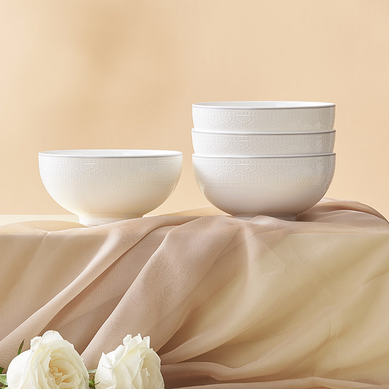 华光国瓷 纯白浮雕骨瓷餐具碗碟套装 家用饭碗面碗4只装 尔雅东方,餐饮具,碗,淘宝优惠券,粉丝福利购,淘宝优惠卷