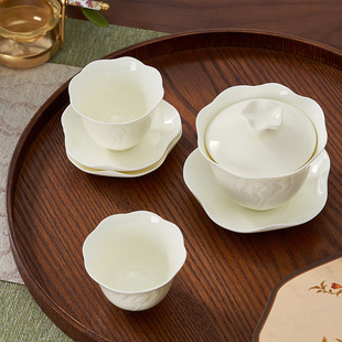 华光国瓷华玉瓷盖碗茶具套装 花开中国 茶杯高档精致6头茶盖碗荷风