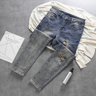 春季 男小脚韩版 休闲百搭潮流九分裤 日系水洗浅蓝色破洞贴布牛仔裤