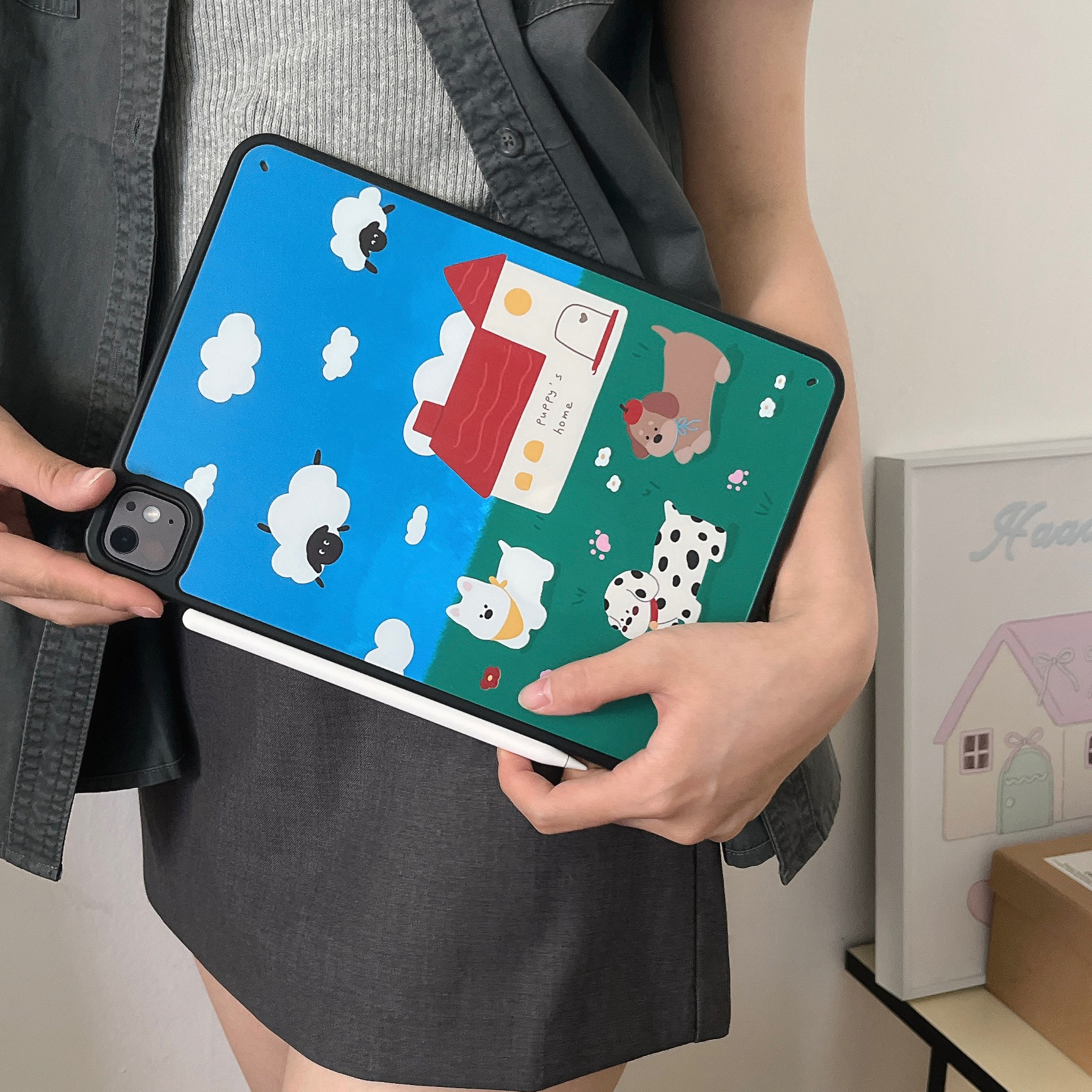 ins黑边草地房屋小狗适用iPad新款pro2025保护壳13/11寸苹果10代平板套Air4/3防弯平板套磁吸笔mini6/7无盖