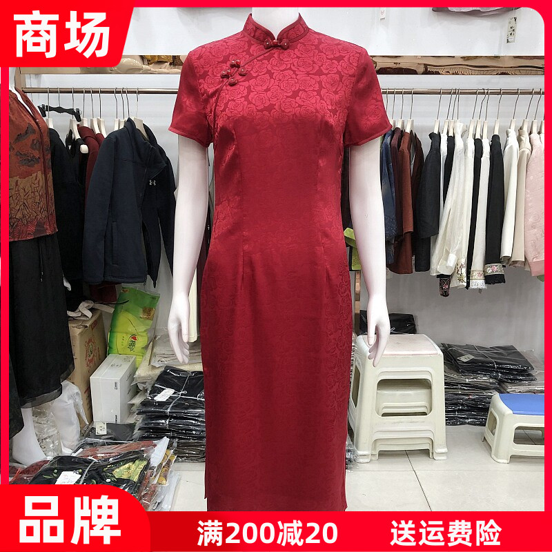 西湖月86625 婚宴喜婆婆丝缎短袖旗袍裙子秋季新款真丝缎连衣裙