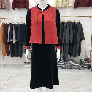 米提苏09 国风马甲金丝绒连衣裙2026春季新款洋气中长款拼接裙子