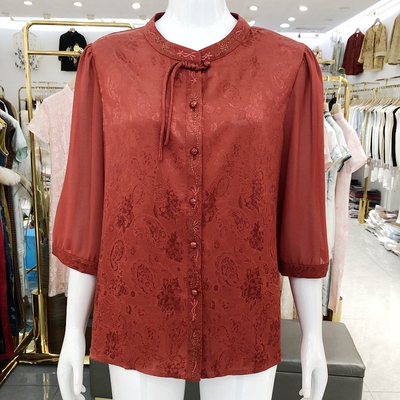 芬尔国际8607 中年新中式纱袖小衫女夏季新款妈妈七分袖衬衫上衣