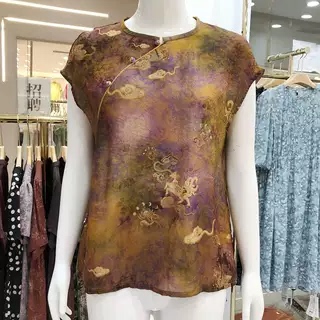 淑莱夫人8796 中老年人丝小衫无袖女上衣夏新款妈妈国风丝缎衬衫